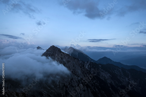 Panoramic view Freyungen mountains  from Nordlinger hut on Karwendel Hohenweg, Austria photo