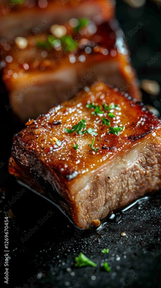Detailed Macro Slice of Tender Pork Belly with Glaze and Herbs Detailed Macro Slice of Tender Pork Belly with Glaze and Herbs