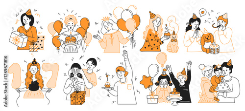 Happy people celebrating birthday color linear icons collection. Joyful adults and kids on holiday doodle characters on white background