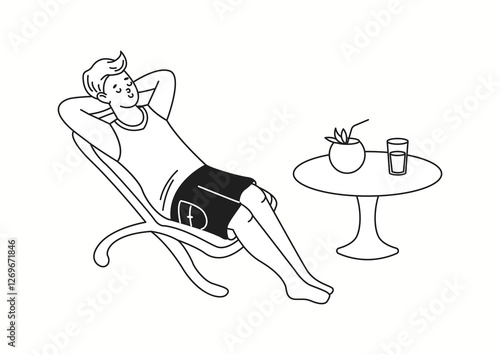 A man enjoying his vacation, lying on a lounge chair with a coconut drink beside him, relaxing and soaking up the summer sun in a doodle-style illustration.