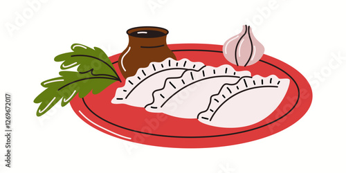 Illustration of classic Asian dumplings arranged on a red plate, garnished with fresh herbs and served with a flavorful dipping sauce, drawn in a stylish vector style.