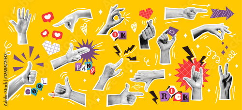 Contemporary art collage showcasing various hand gestures vector illustrations set. Graphic symbols and doodles of body language on yellow backdrop