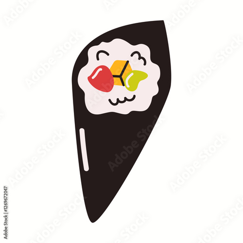 Flat vector illustration of a temaki sushi roll wrapped in seaweed with rice and fresh ingredients inside. Cute kawaii style design with soft colors.