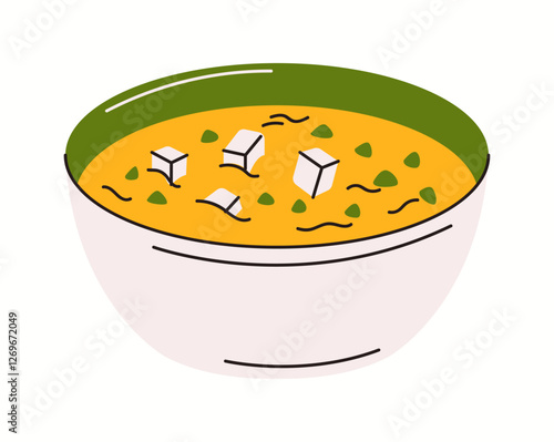Illustration of a steaming bowl of traditional miso soup, featuring soft tofu cubes, seaweed, and fresh green onions, drawn in a warm and comforting vector style.