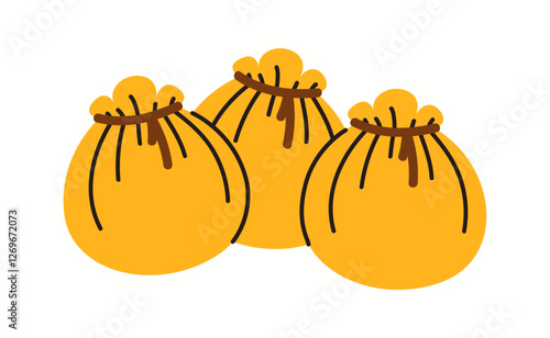 Illustration of crispy golden money bag dumplings, tied with a thin wrapper and filled with flavorful ingredients, often served as a popular Asian appetizer.