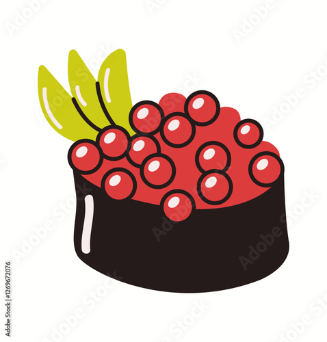 Illustration of a fresh and delicious ikura sushi roll topped with vibrant red fish roe, depicted in a clean and colorful doodle-style vector.