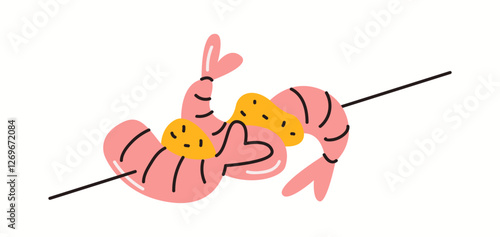 Illustration of deliciously grilled shrimp skewers, seasoned with spices and arranged on a stick, a popular street food snack in many Asian countries, depicted in a clean vector style.