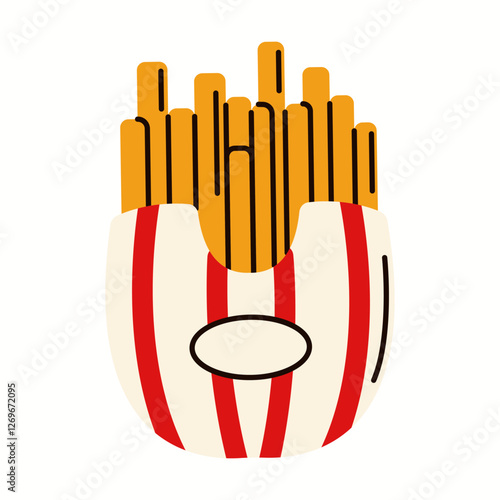 Flat illustration of a pack of crispy French fries served in a striped fast-food style container. Minimal and modern food vector design.