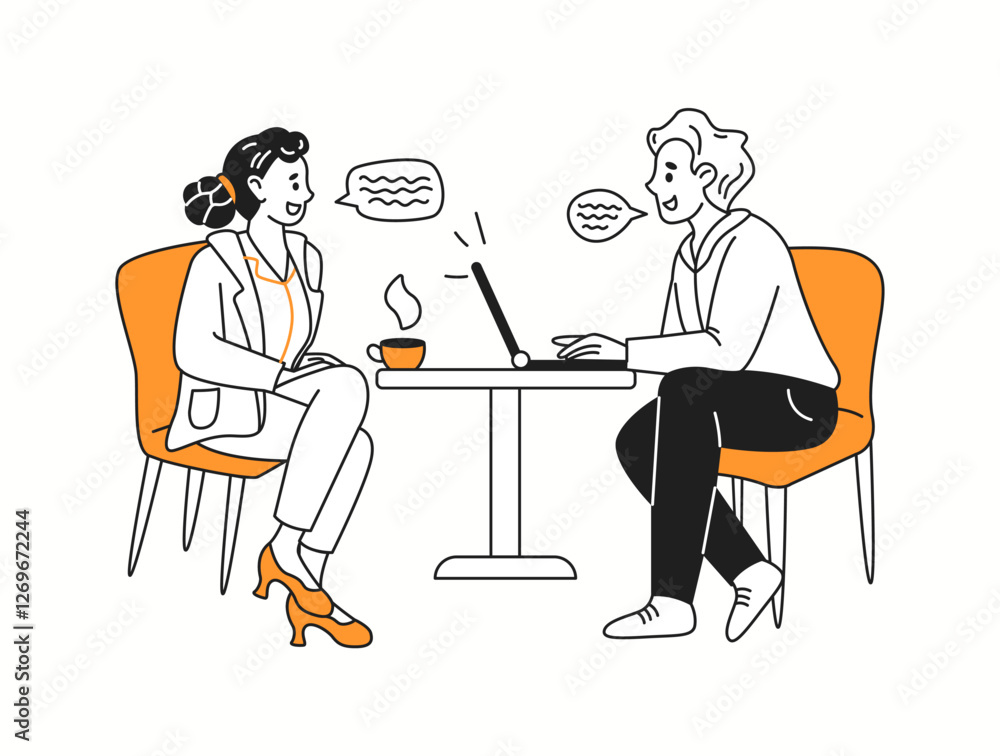 Businesspeople engage in communication at table in cafe orange color linear icon. Woman and man talks characters doodle illustration Businesspeople engage in communication at table in cafe orange color linear icon. Woman and man talks characters doodle illustration