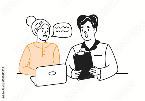 Colleagues engaging in work discussion orange color linear icon. Employees collaborating on project strategy characters doodle illustration