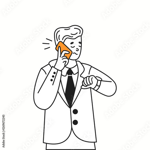 Irritated man talks on phone checking time orange color linear icon. Businessman in suit reflects impatience character doodle illustration