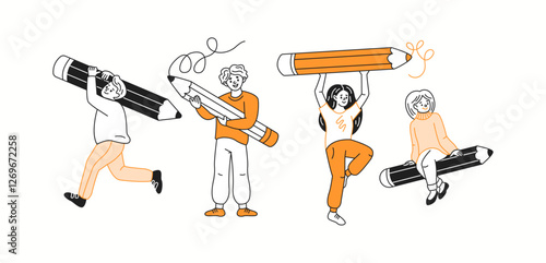 Young artists and students with giant pencils color linear icons collection. Creativity and imagination doodle characters on white background