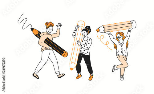 Pupils use large pencils to draw color linear icons collection. Teenagers enjoy creative activity during art class doodle characters on white background