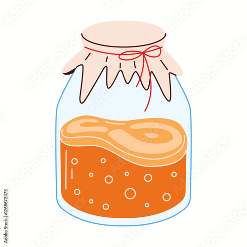 Flat illustration of a traditional kombucha jar covered with fabric and string, showing the classic fermentation process of homemade probiotic drinks.