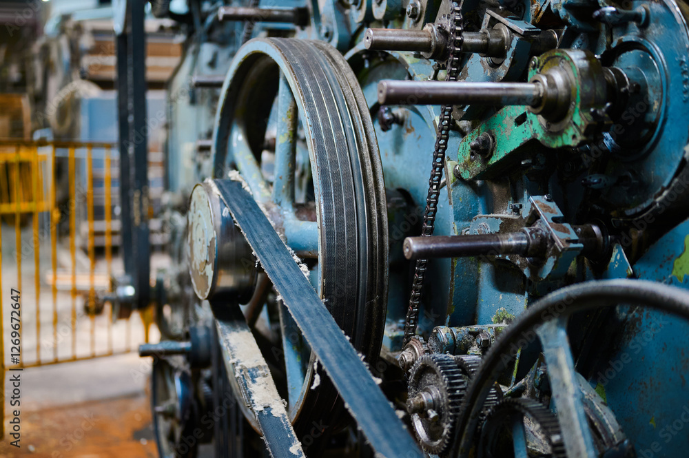 Industrial machinery in a historic factory showcasing the intricate details of mechanical engineering craftsmanship Industrial machinery in a historic factory showcasing the intricate details of mechanical engineering craftsmanship
