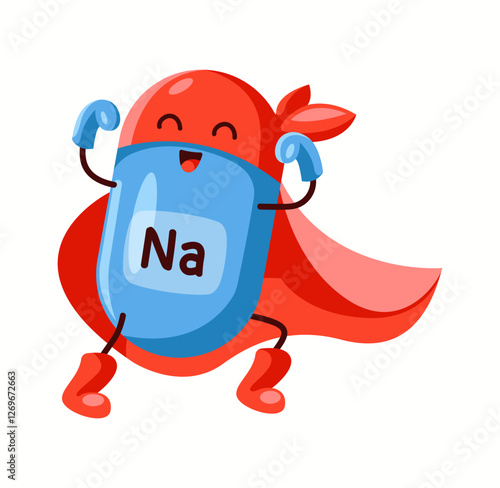 Illustration of a sodium superhero character in blue and red, highlighting its role in electrolyte balance and nervous system support.