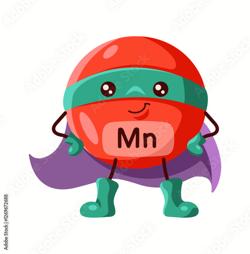 Illustration of a manganese superhero character with a red body, green mask, purple cape, and heroic pose, symbolizing strength and essential health benefits.