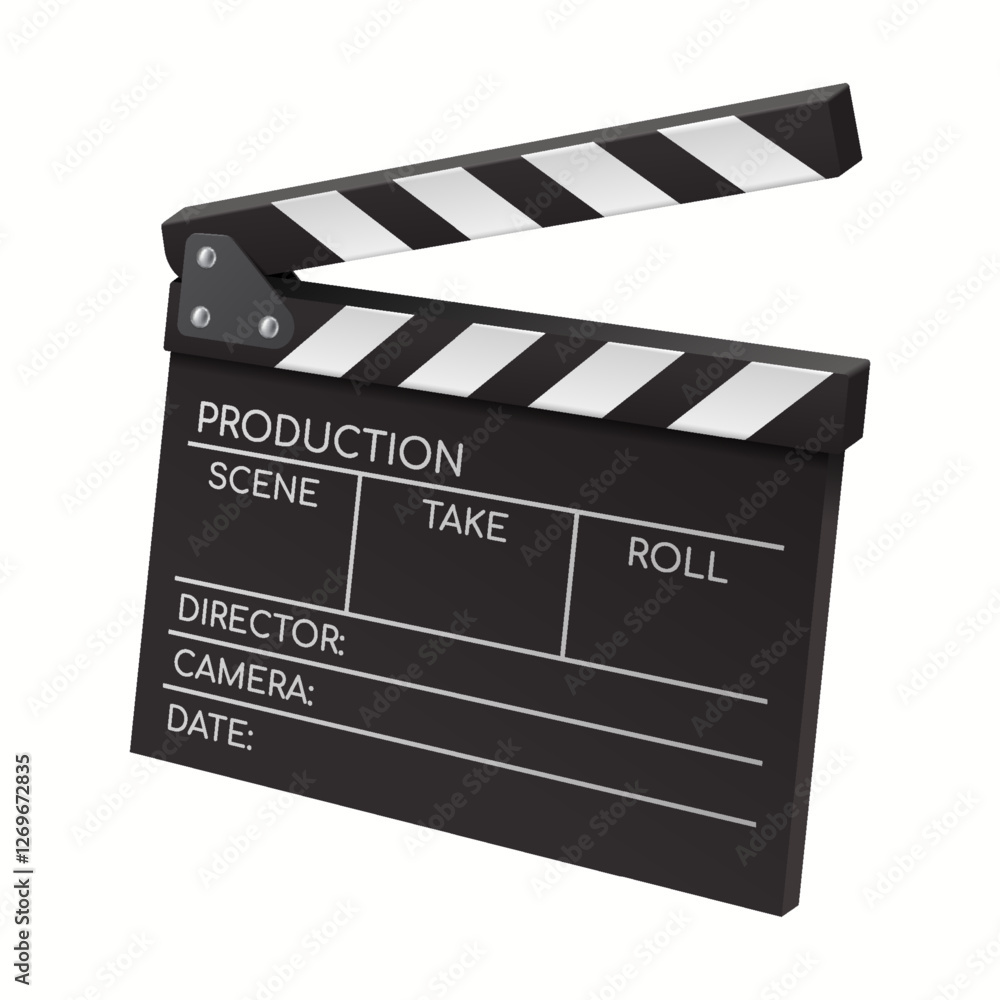 Fototapeta premium Realistic 3D illustration of a black and white director's clapperboard, an essential tool in film production for marking scenes and takes in professional filmmaking.