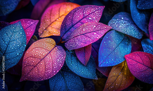 Vibrant tropical leaves with water droplets create stunning visual display