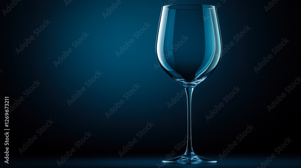 A crystal-clear wine glass stands elegantly against a dark blue backdrop, creating a sophisticated atmosphere, Ideal for themes of dining, celebration, or luxury products, A crystal-clear wine glass stands elegantly against a dark blue backdrop, creating a sophisticated atmosphere, Ideal for themes of dining, celebration, or luxury products,