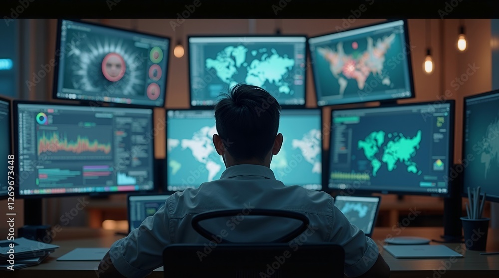 A man is sitting in front of a computer monitor with a map of the world on it. He is looking at the screen intently A man is sitting in front of a computer monitor with a map of the world on it. He is looking at the screen intently