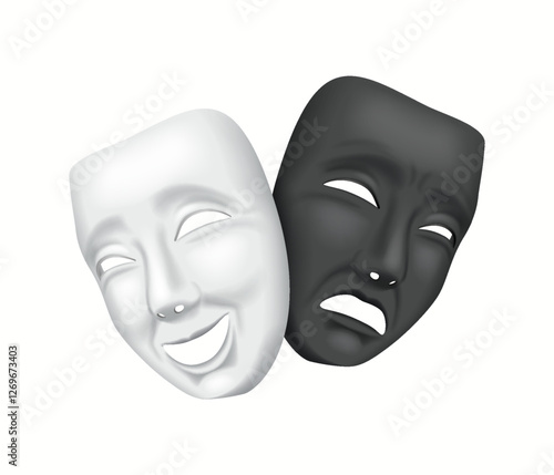 Realistic 3D illustration of classic theater masks representing drama and comedy, widely used in cinema, performing arts, and theatrical performances.