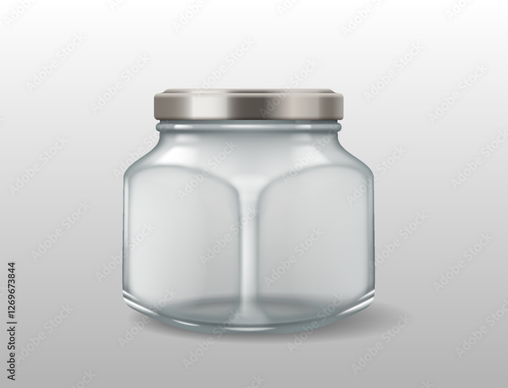 3D realistic illustration of a hexagonal glass jar with a silver metal lid. Perfect for honey, jam, spices, and kitchen storage. 3D realistic illustration of a hexagonal glass jar with a silver metal lid. Perfect for honey, jam, spices, and kitchen storage.