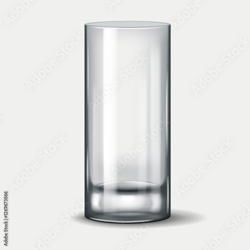 3D realistic illustration of a tall transparent Collins glass, commonly used for serving mixed drinks, cocktails, and soft beverages in bars and restaurants.