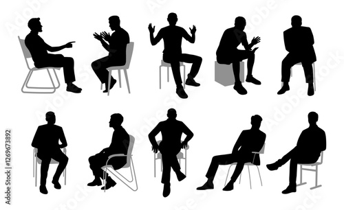 Silhouettes of men engaging in various postures and gestures in a minimalistic setting with chairs and stools