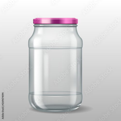 3D realistic illustration of a tall transparent glass jar with a pink lid. Ideal for kitchen storage, food preservation, and decorative use.