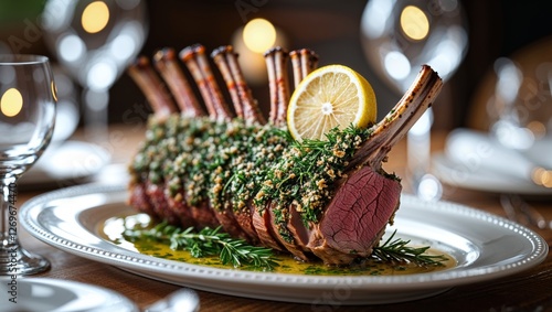 Exquisite rack of lamb, beautifully plated with fresh herbs and lemon, ready for a gourmet dining experience.