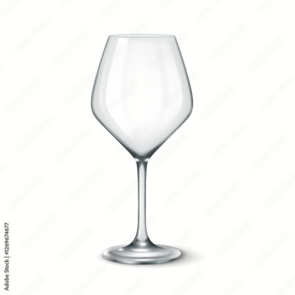 3D realistic illustration of a modern transparent wine glass with a unique geometric design. Ideal for contemporary bar and dining settings.