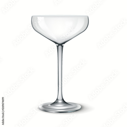3D realistic illustration of a luxury coupe glass with a wide shallow bowl, ideal for serving champagne and classic cocktails.