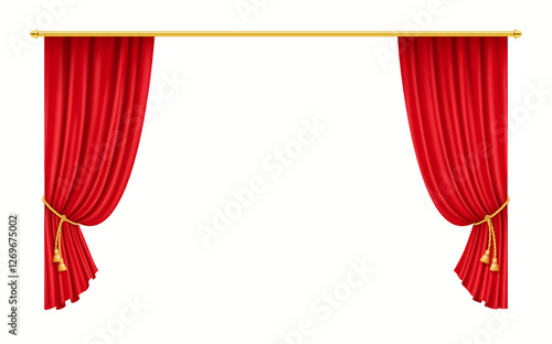Realistic 3D illustration of upper valance red curtains, ideal for decorative stage embellishment in theaters, concerts, and dramatic events.