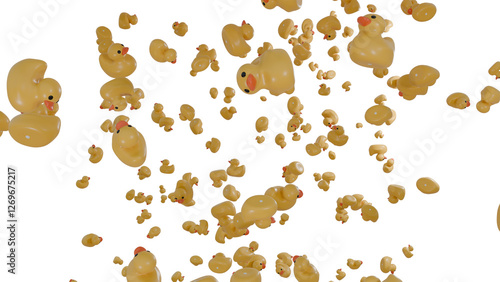 Rubber ducks rain on transparent background