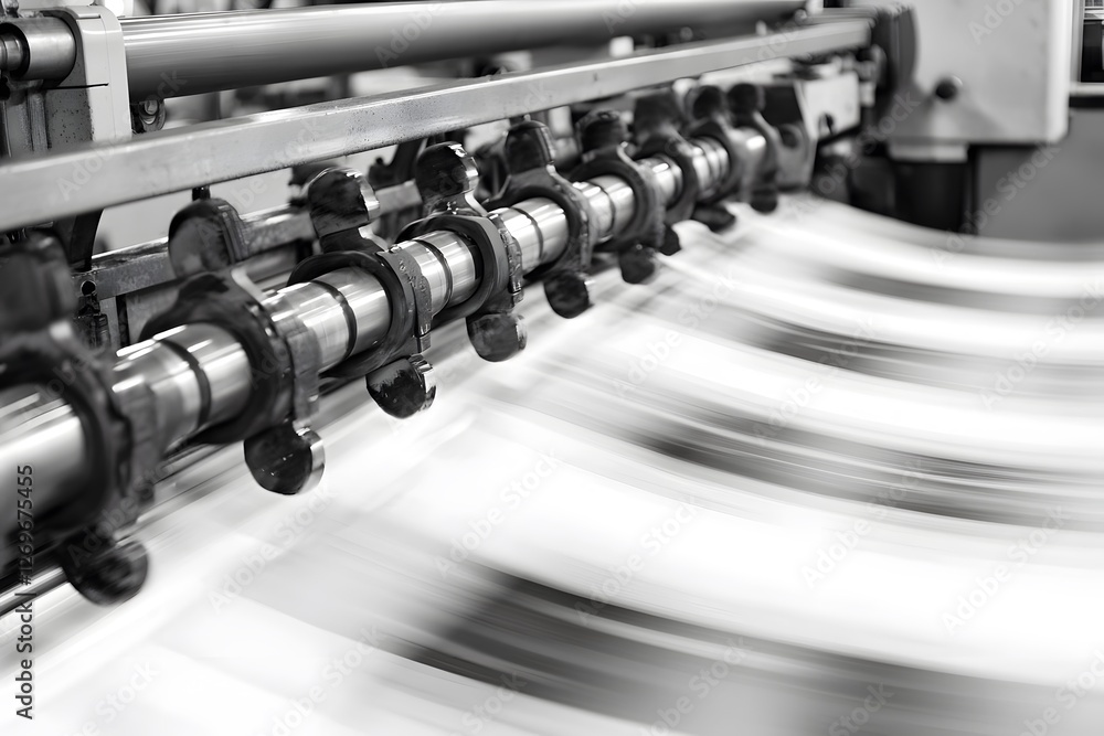 Printing Press in Action: A close-up view of a printing press in action, showing sheets of paper being printed and then folded, emphasizing the speed and efficiency of the process. Printing Press in Action: A close-up view of a printing press in action, showing sheets of paper being printed and then folded, emphasizing the speed and efficiency of the process.