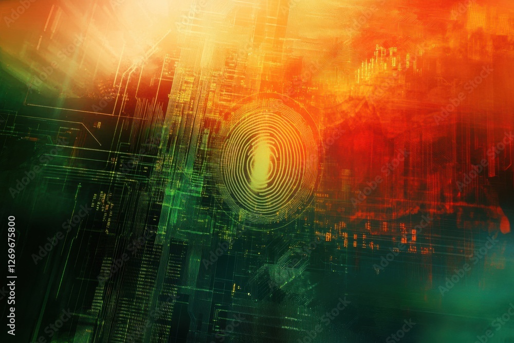 Fototapeta premium Futuristic digital fingerprint scan with glowing circuit board patterns in vibrant red, orange, and green tones, symbolizing cybersecurity, identity verification, and biometric technology