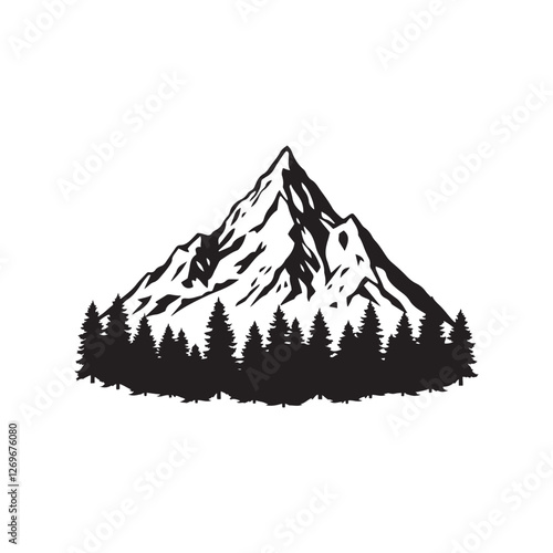 mountain peak, silhouette, pine trees, forest, nature scene, black and white 