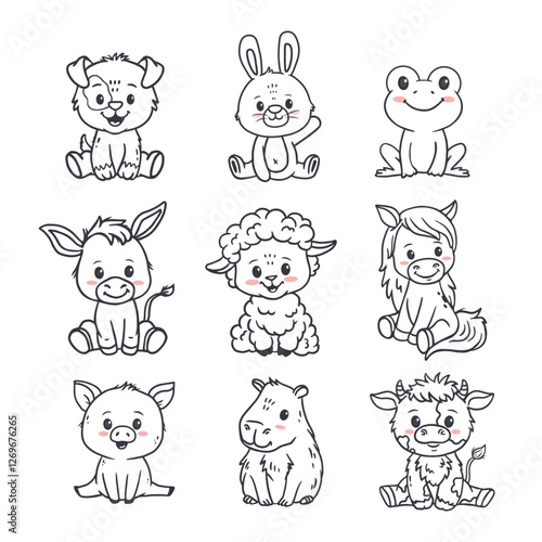 Set of cartoon cute animals including puppy, dog, capybara , frog, horse, lumb, sheep, cow and donkey, bunny, rabbit, pig. Funny animals for magazines, postcards, cards. Vector