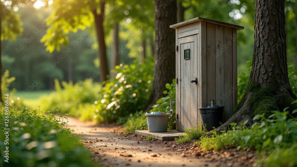 Handwashing station, Eco-friendly handwashing station with solar tech in clear forest clearing. Handwashing station, Eco-friendly handwashing station with solar tech in clear forest clearing.