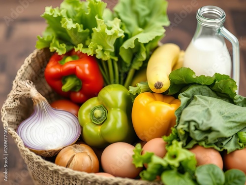 Grocery bag filled with milk, eggs, bread, bananas, lettuce, bell pepper, and onion on white background, onion, shopping, healthy photo