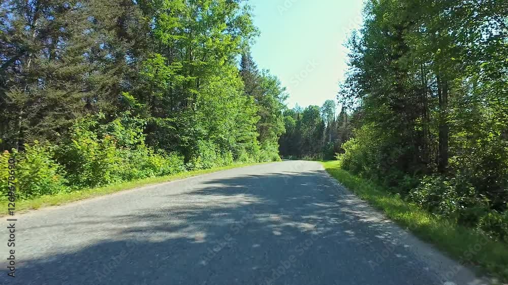 Beautiful summer view of a highway weaving through Canadian forests. Scenic driver POV front plate while travel by camper van. Driving plate road trip along the asphalt road from motorized RV, Canada. Beautiful summer view of a highway weaving through Canadian forests. Scenic driver POV front plate while travel by camper van. Driving plate road trip along the asphalt road from motorized RV, Canada.