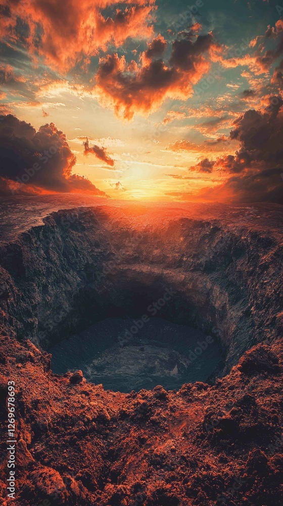 Obraz premium Dramatic Sunset Over Massive Volcanic Crater with Fiery Clouds