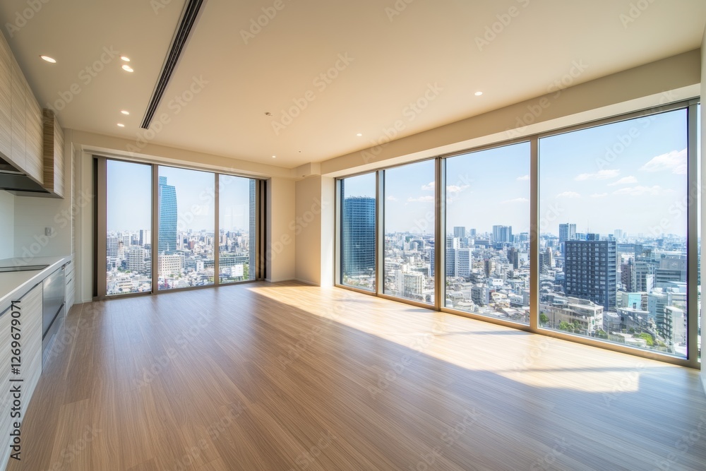 Fototapeta premium Empty room with panoramic windows overlooking the metropolis.