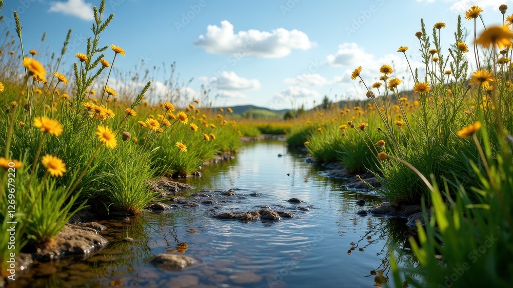 Hay fever, Creek with wildflowers under clear sky Hay fever, Creek with wildflowers under clear sky
