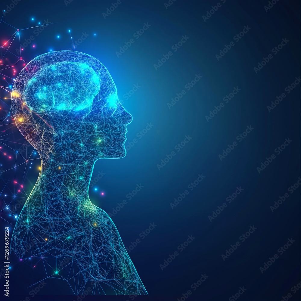 Obraz premium Polygonal human head mesh with network and glowing dots, symbolizing mental health and artificial intelligence