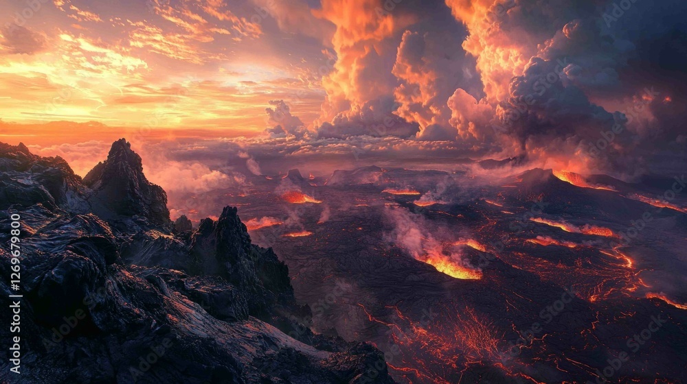 Fototapeta premium Dramatic Volcanic Landscape with Fiery Eruptions at Sunset