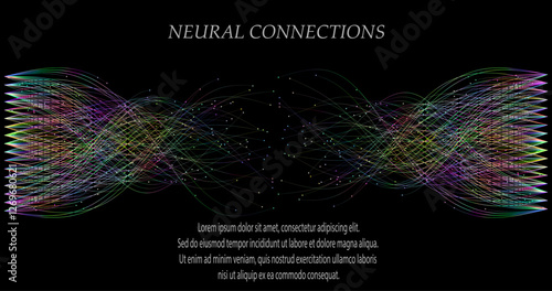 Abstract vector visualization of neural connections. Thin colored lines connect nodes, creating a dynamic flow of information. Gradients and glowing dots highlight the learning process of the neural n