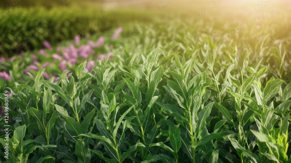 Obraz premium Lush Garden View: A captivating top-down view of a thriving garden, with vibrant green plants reaching towards the warm sunlight, promising growth and vitality.