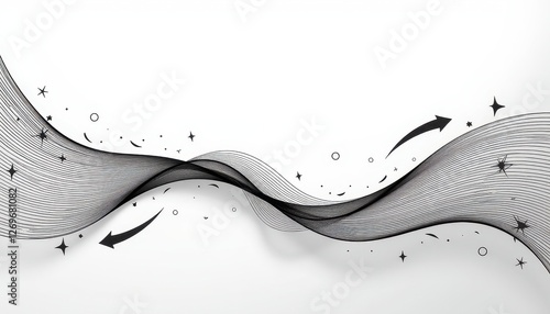 Visually Stunning Abstract Art: Black Waves Against Starlit White Background. A black and white abstract background with wavy lines and stars. photo